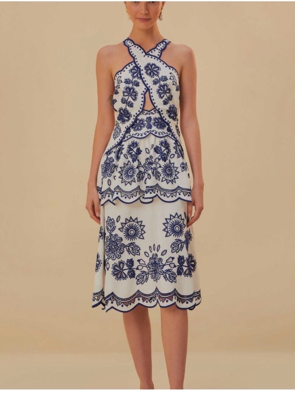 White and Navy Embroidered Halter Midi Dress Farm Rio NWT